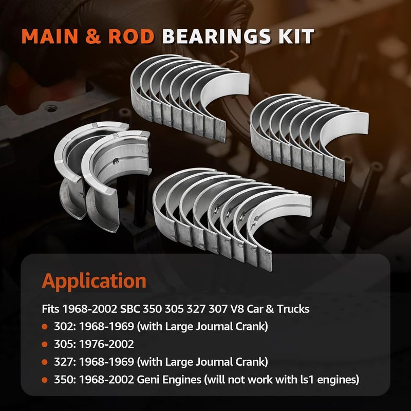CHARMKER STD Main & Rod Bearings Kit Compatible with Chevy GM 1968-2002 SBC 350 305 327 307 5.7L 5.0L V8 Car & Truck Engines - 2.450in Journal Standard Size Replace# MS909A BC296J BB253J CB663A 8-2555A - Image 2